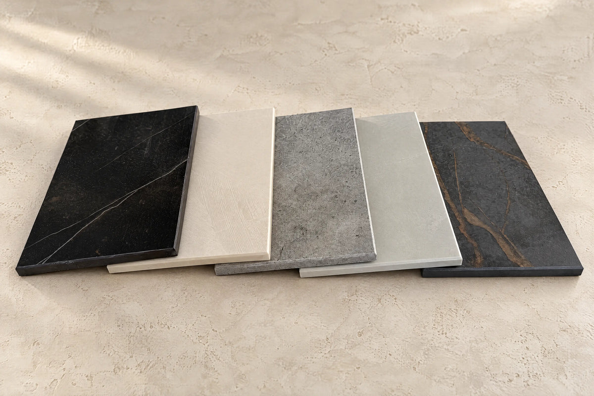 Échantillons Dekton, Silestone et Ēclos posés en éventail sur un sol clair