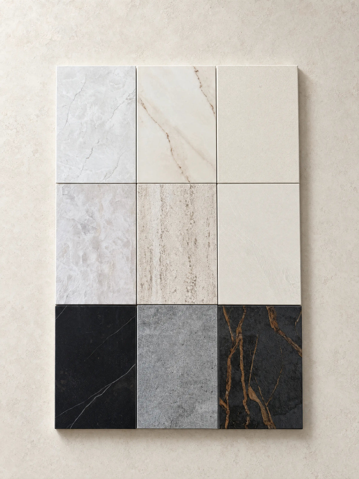 Échantillons Dekton, Silestone et Ēclos, teintes claires et foncées, disposés en grille