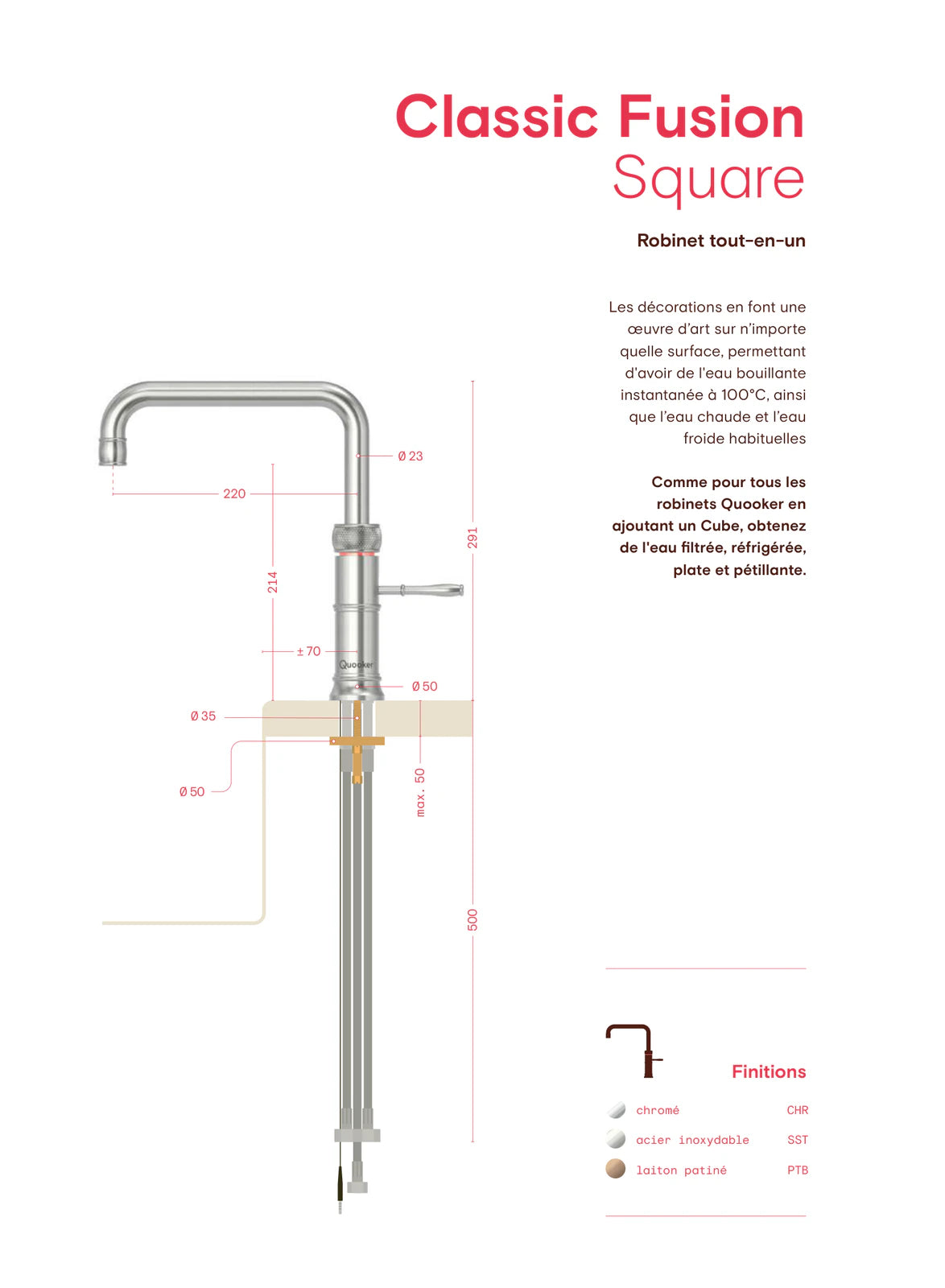 Quooker Classic Fusion Square — plan coté et dimensions (mm)