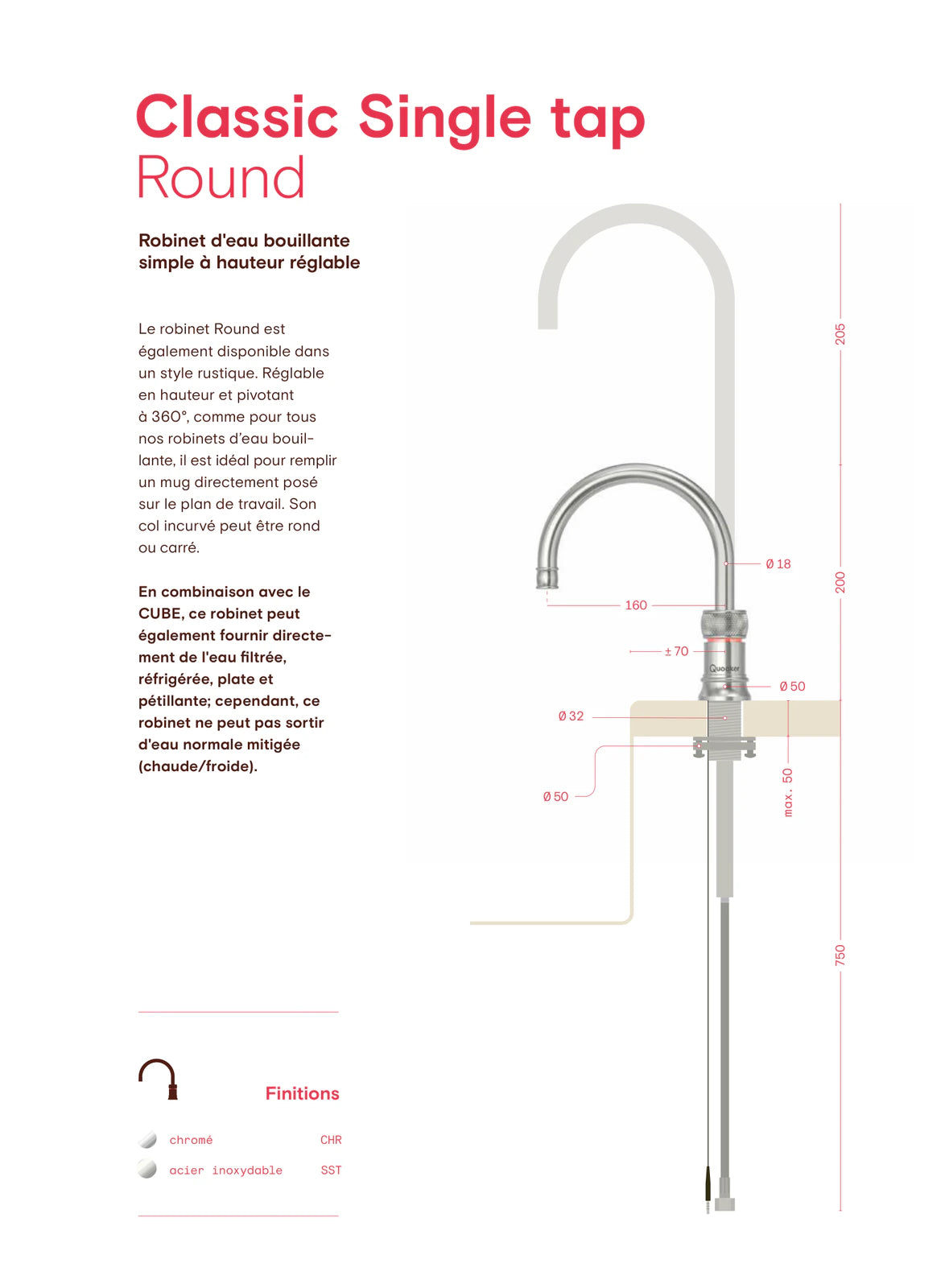 Quooker Classic Single tap Round — plan coté et dimensions (mm)