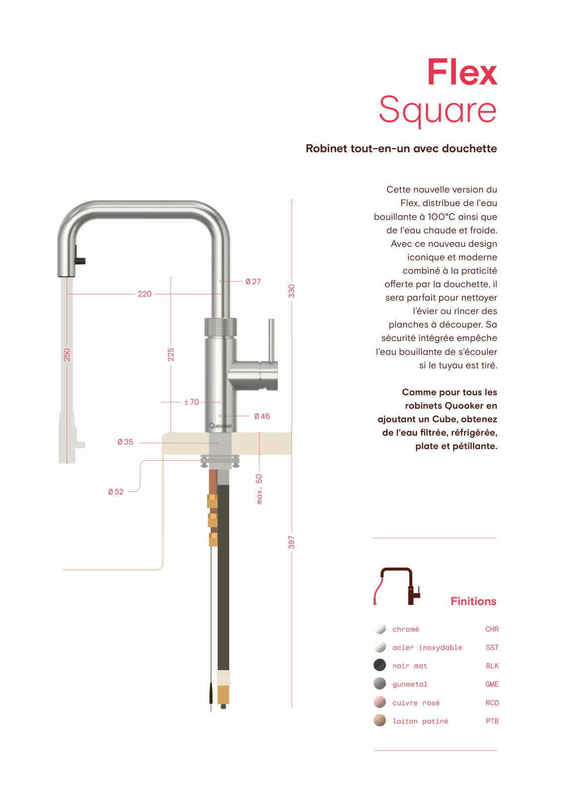 Quooker Flex Square — plan coté et dimensions (mm)
