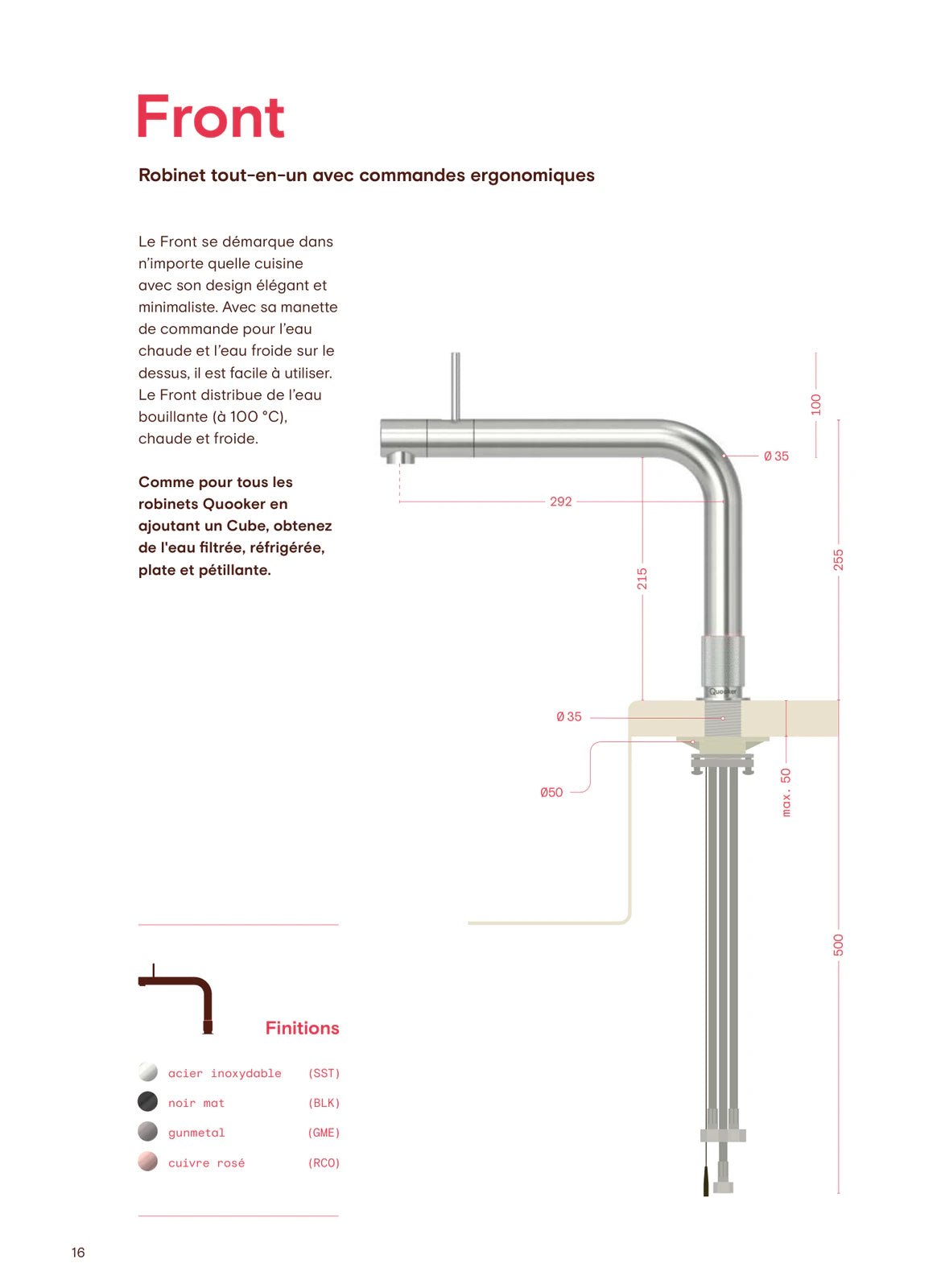 Quooker Front — plan coté et dimensions (mm)