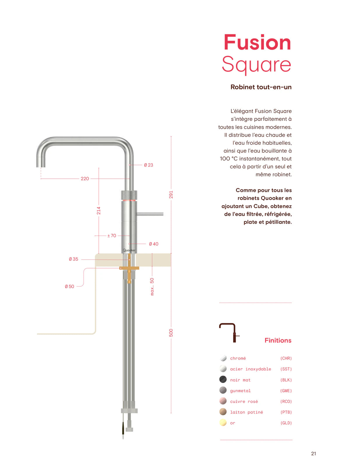 Quooker Fusion Square — plan coté et dimensions (mm)