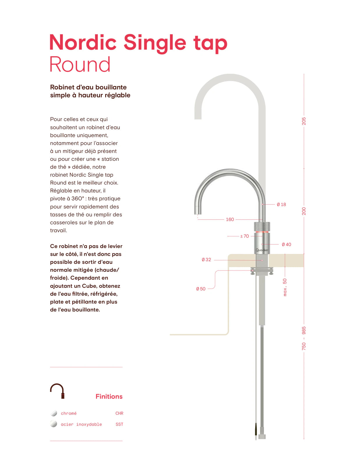 Quooker Nordic Single tap Round — plan coté et dimensions (mm)