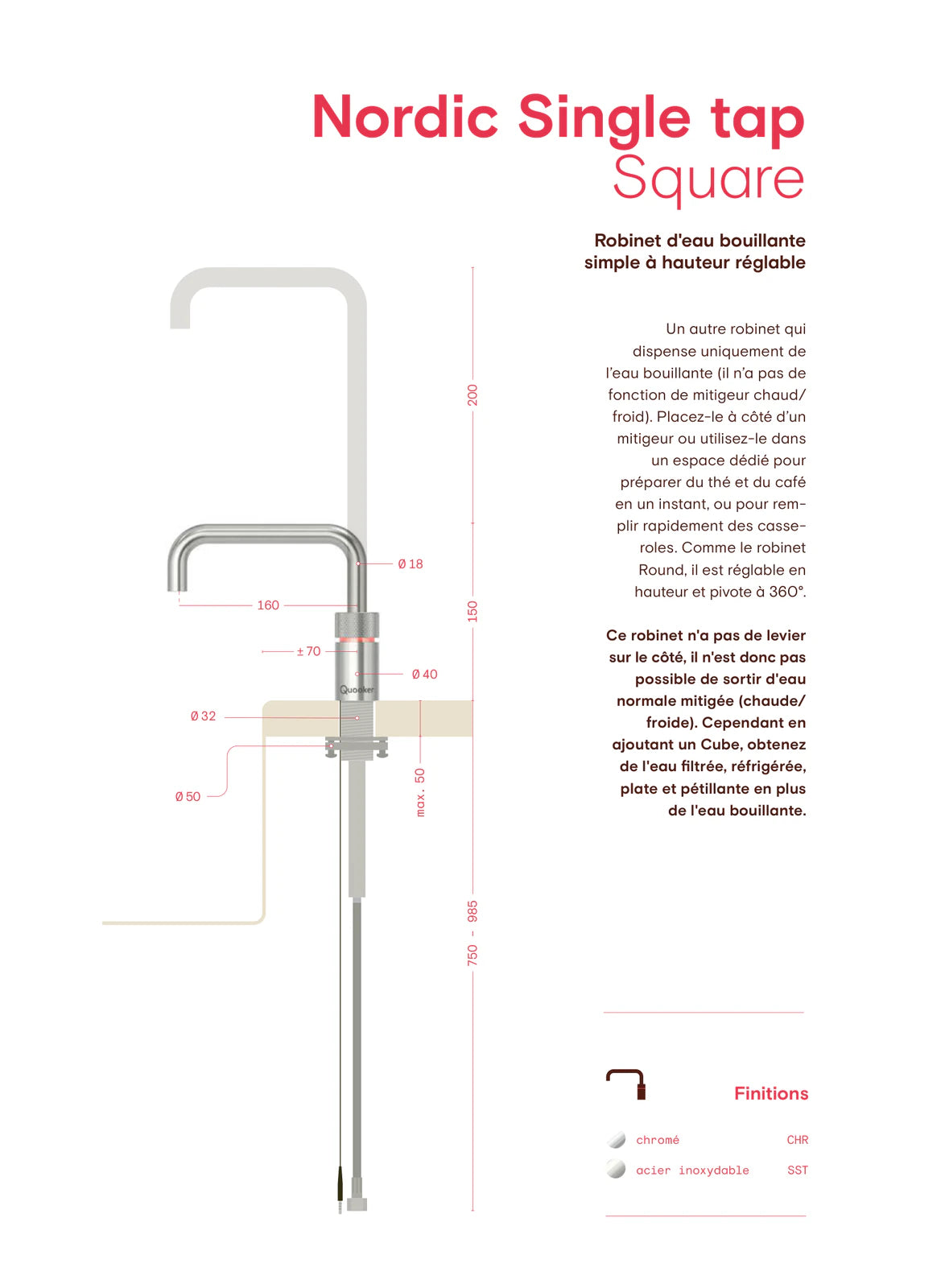 Quooker Nordic Single tap Square — plan coté et dimensions (mm)