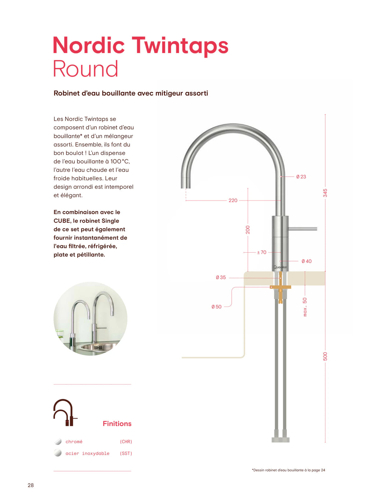 Quooker Nordic Twintaps Round — plan coté et dimensions (mm)