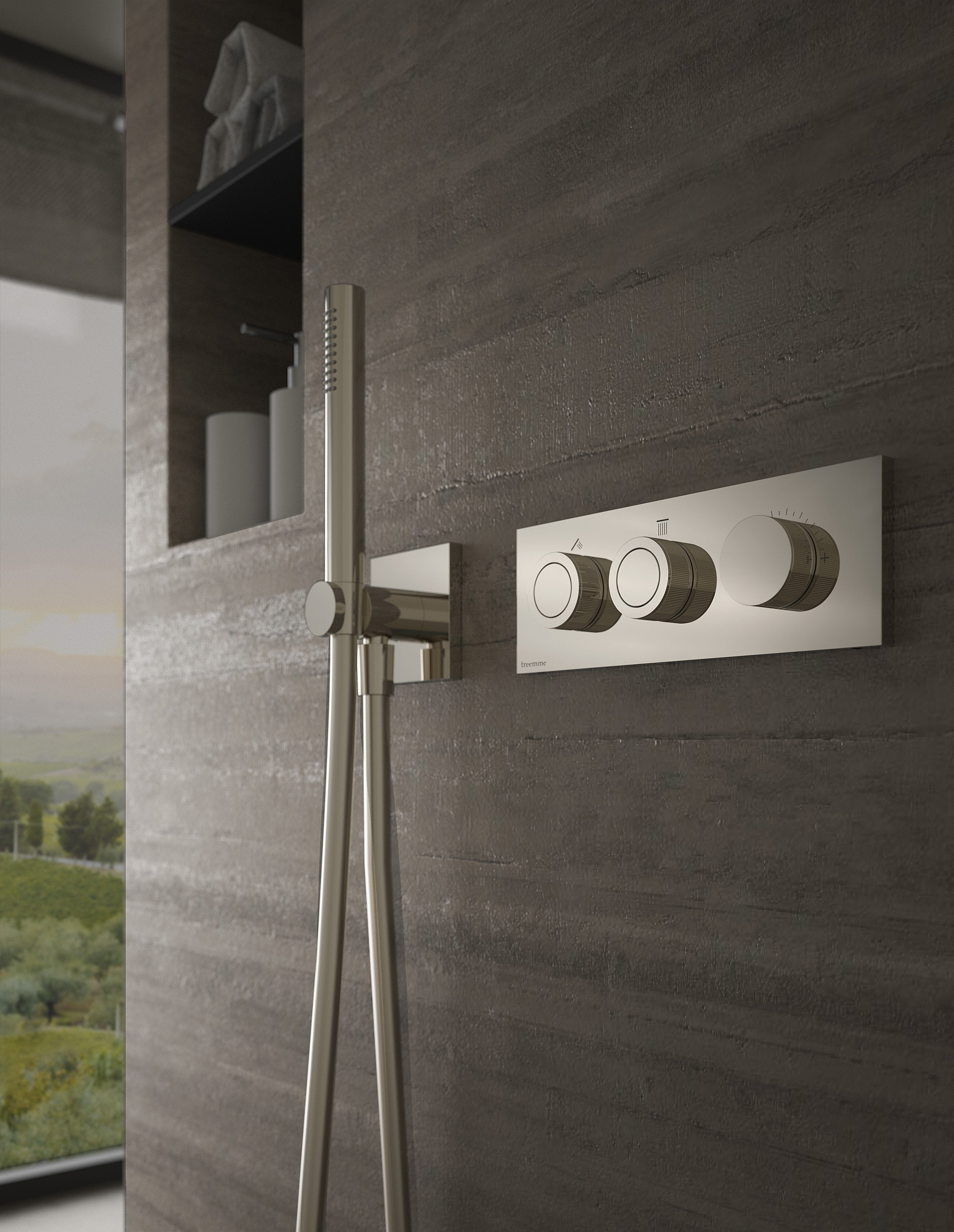 Commande de douche Treemme W-Smart en inox brossé sur un mur minéral sombre